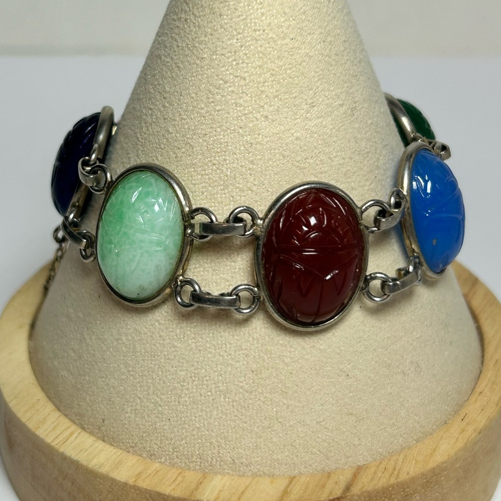 Vintage Large Carved Scarab Bracelet silver tone Egyptian revival 6 1/2”